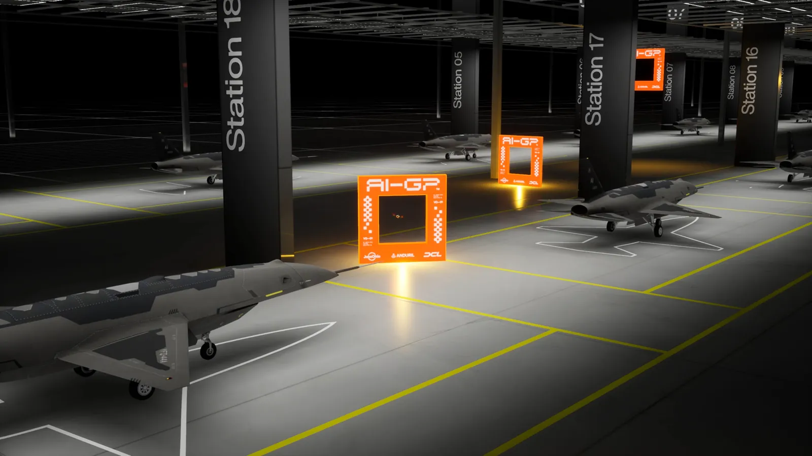 Orange AI-GP race gates set through an aircraft hangar, between numbered station pillars and parked jets.