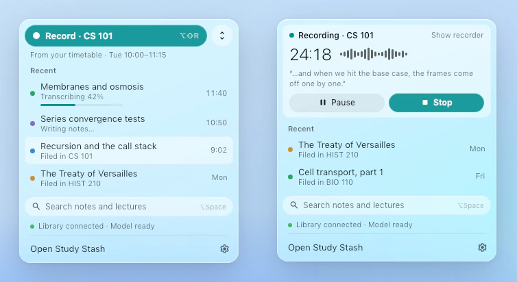 Study Stash's menu-bar recorder in light mode. On the left, a Record button for CS 101 taken from the timetable, above recent lectures marked transcribing at 42 percent, writing notes, and filed in their class. On the right, a recording 24 minutes in, with a live waveform, the latest line of the transcript, and Pause and Stop.